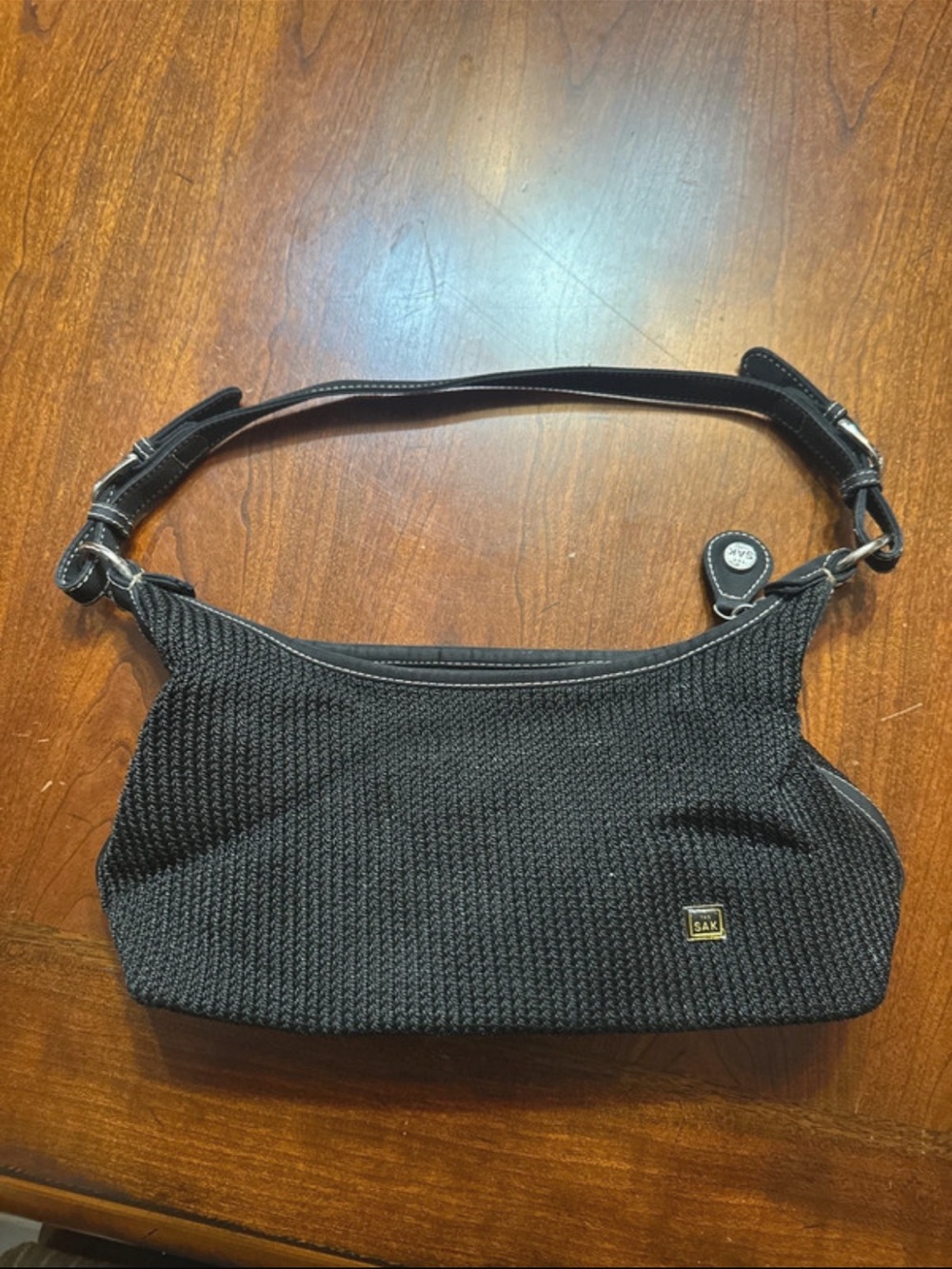 The Sak Black Knit Shoulder Bag with Leather Strap